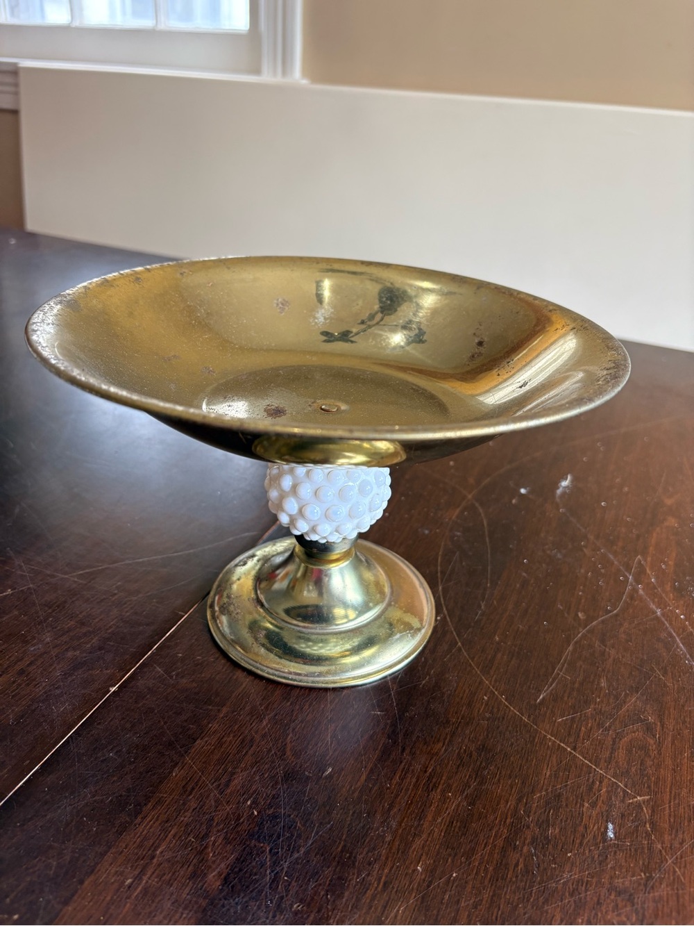 Vintage MCM Hobnail Milk Glass Brass Tone Pedestal Fruit Bowl.